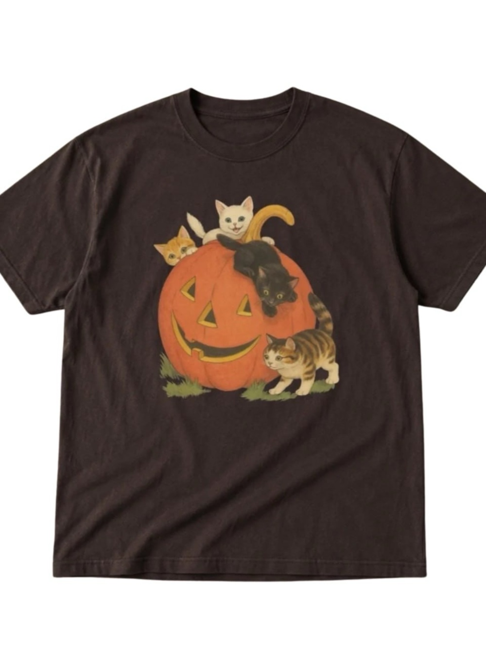 Gildan Brown Halloween Pumpkin & Kittens Short Sleeve Tee